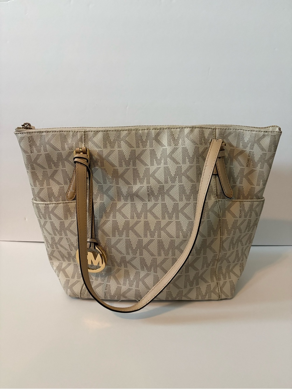 Michael Kors Neutral Logo Canvas Tote with Gold MK Charm